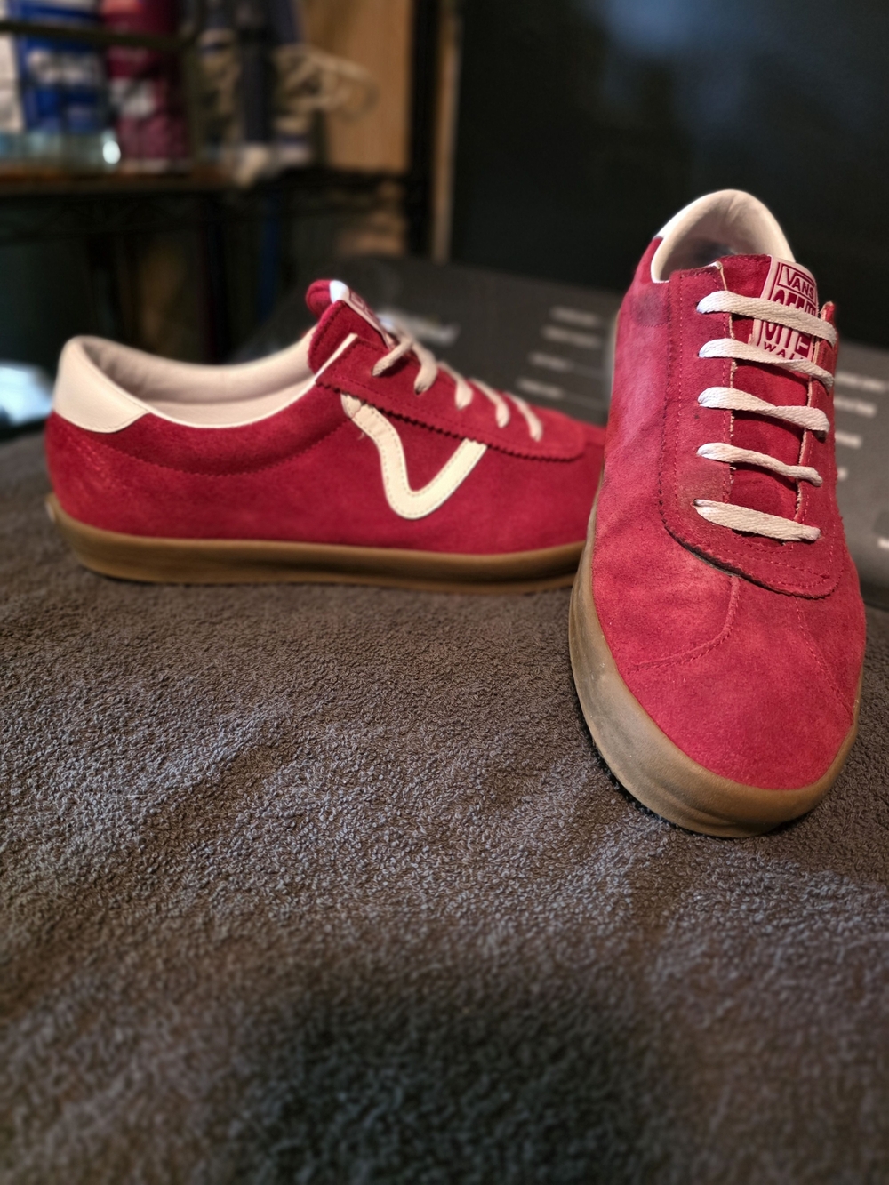 Vans Men’s Bright Red Suede Low-Top Sneakers with White Accents